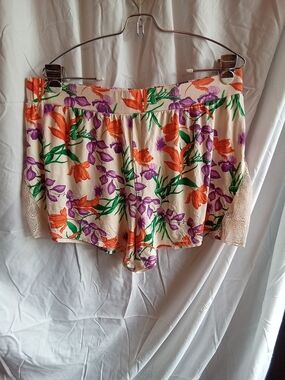 Felina Floral Lace-Trim Sleep Shorts in Cream with Orange & Purple XL